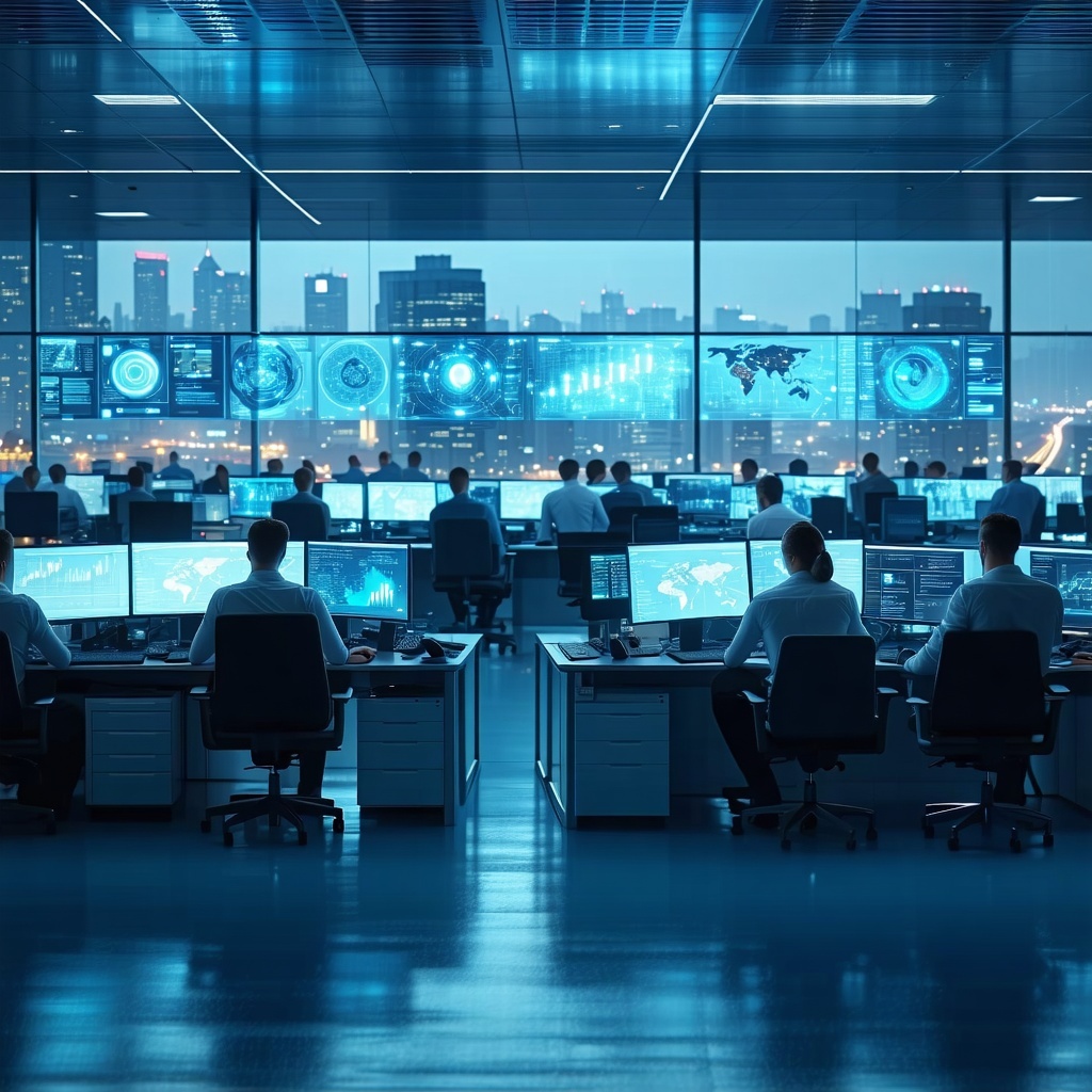 The image depicts a sleek modern security operations center SOC bathed in soft blue and white lighting In the foreground a diverse team of security professionals including men and women of various ethnicities are intently monitoring multiple highreso